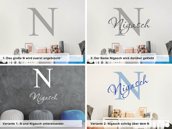 Verschiedene Anordnungen des Wandtattoos Nigasch