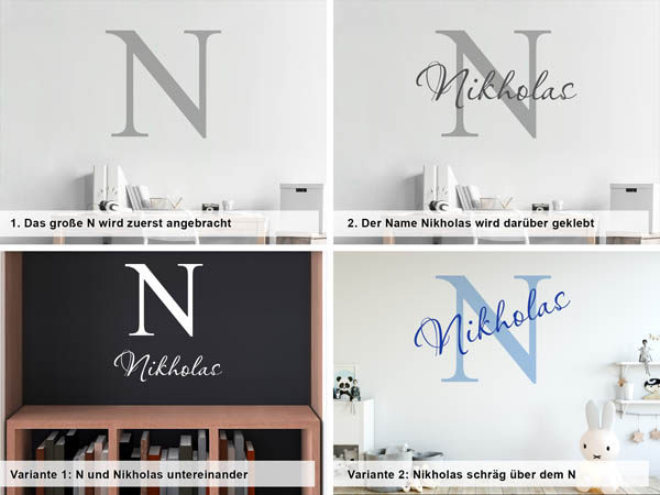 Verschiedene Anordnungen des Wandtattoos Nikholas