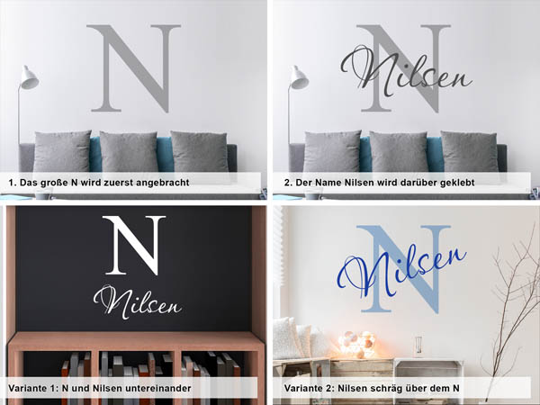 Verschiedene Anordnungen des Wandtattoos Nilsen