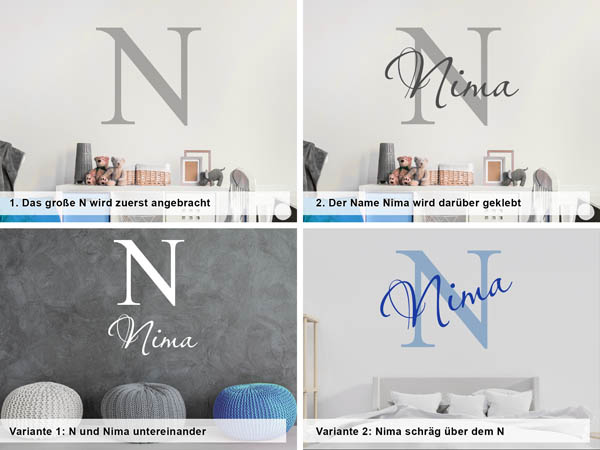 Verschiedene Anordnungen des Wandtattoos Nima