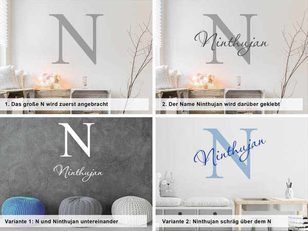 Verschiedene Anordnungen des Wandtattoos Ninthujan