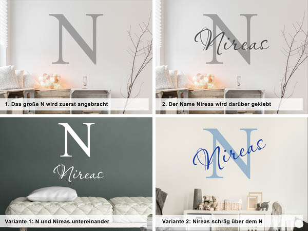 Verschiedene Anordnungen des Wandtattoos Nireas