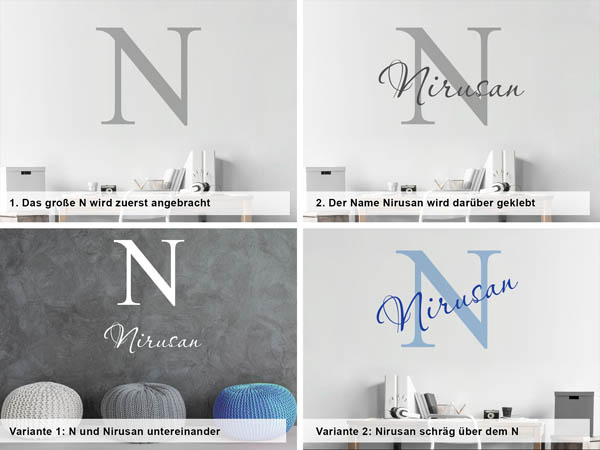 Verschiedene Anordnungen des Wandtattoos Nirusan