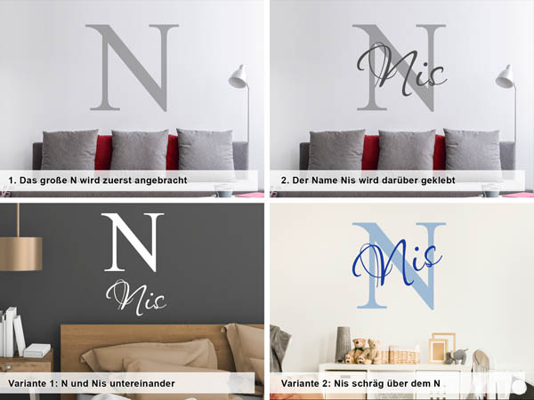 Verschiedene Anordnungen des Wandtattoos Nis