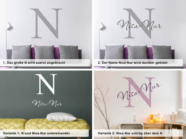 Verschiedene Anordnungen des Wandtattoos Nisa-Nur