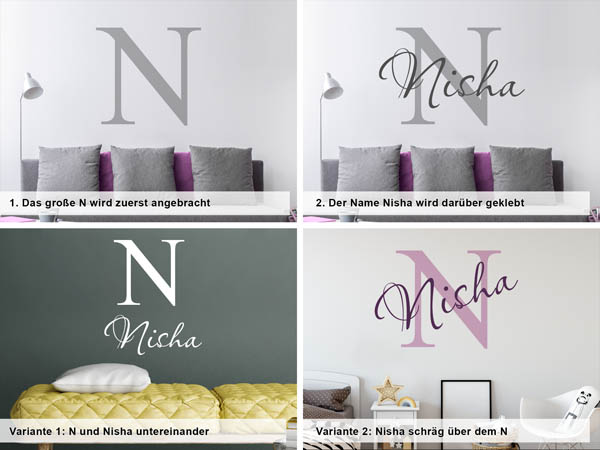 Verschiedene Anordnungen des Wandtattoos Nisha