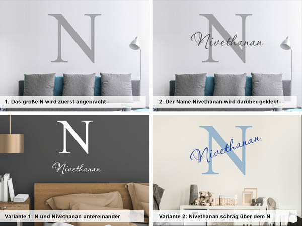 Verschiedene Anordnungen des Wandtattoos Nivethanan
