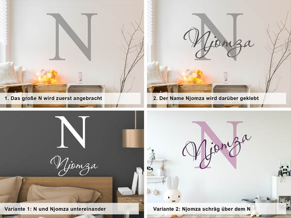 Verschiedene Anordnungen des Wandtattoos Njomza