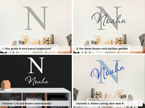 Verschiedene Anordnungen des Wandtattoos Noahn
