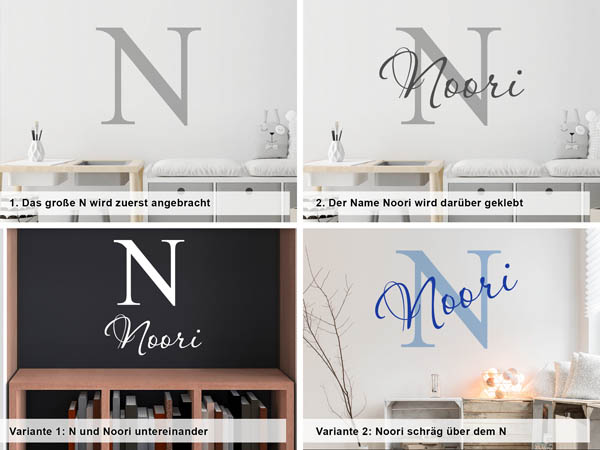 Verschiedene Anordnungen des Wandtattoos Noori