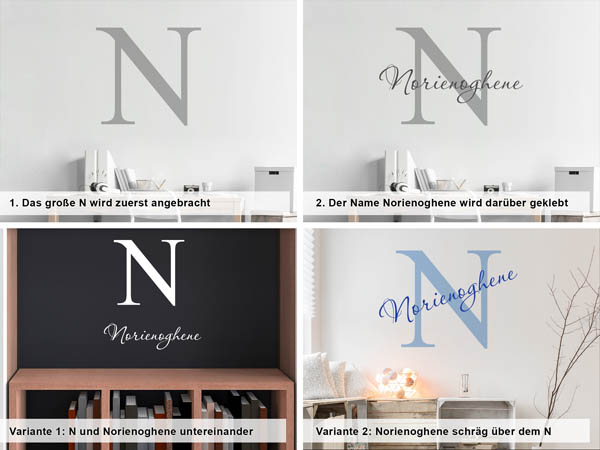 Verschiedene Anordnungen des Wandtattoos Norienoghene