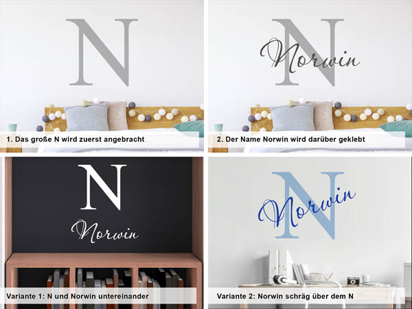 Verschiedene Anordnungen des Wandtattoos Norwin