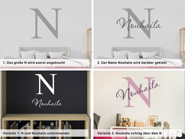 Verschiedene Anordnungen des Wandtattoos Nouhaila
