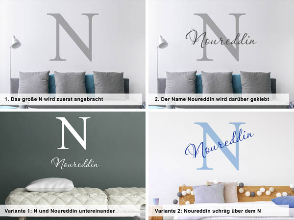 Verschiedene Anordnungen des Wandtattoos Noureddin