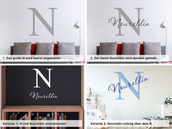 Verschiedene Anordnungen des Wandtattoos Noureldin