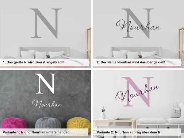 Verschiedene Anordnungen des Wandtattoos Nourhan