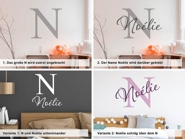 Verschiedene Anordnungen des Wandtattoos Noélie