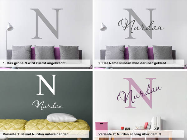 Verschiedene Anordnungen des Wandtattoos Nurdan