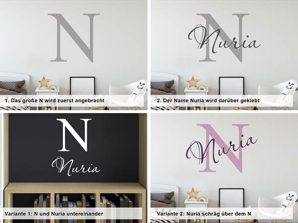 Verschiedene Anordnungen des Wandtattoos Nuria