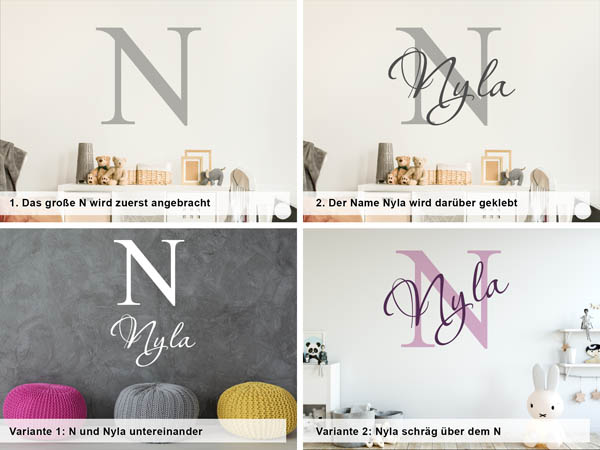 Verschiedene Anordnungen des Wandtattoos Nyla