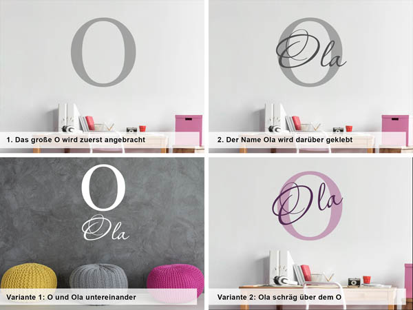 Verschiedene Anordnungen des Wandtattoos Ola