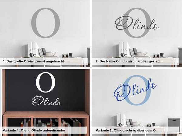 Verschiedene Anordnungen des Wandtattoos Olindo