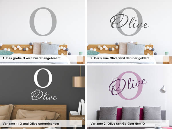 Verschiedene Anordnungen des Wandtattoos Olive