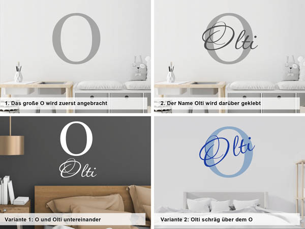 Verschiedene Anordnungen des Wandtattoos Olti