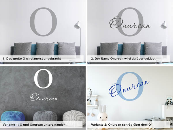 Verschiedene Anordnungen des Wandtattoos Onurcan