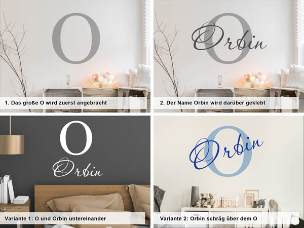 Verschiedene Anordnungen des Wandtattoos Orbin
