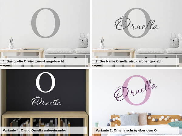 Verschiedene Anordnungen des Wandtattoos Ornella