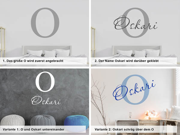 Verschiedene Anordnungen des Wandtattoos Oskari