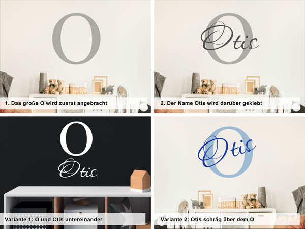 Verschiedene Anordnungen des Wandtattoos Otis