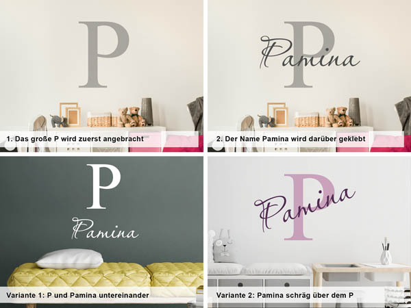 Verschiedene Anordnungen des Wandtattoos Pamina