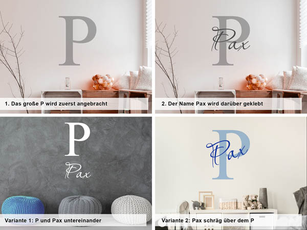 Verschiedene Anordnungen des Wandtattoos Pax