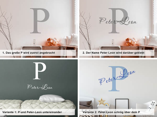 Verschiedene Anordnungen des Wandtattoos Peter-Leon