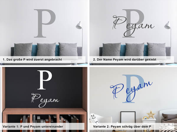 Verschiedene Anordnungen des Wandtattoos Peyam