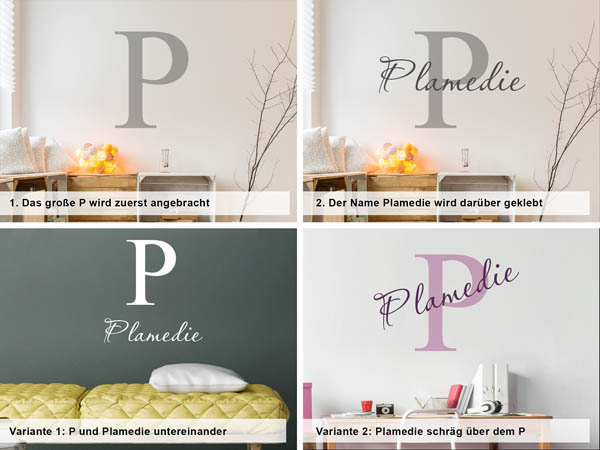 Verschiedene Anordnungen des Wandtattoos Plamedie