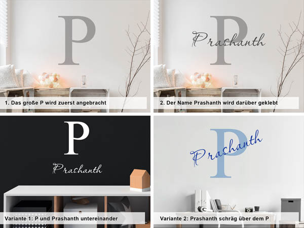 Verschiedene Anordnungen des Wandtattoos Prashanth