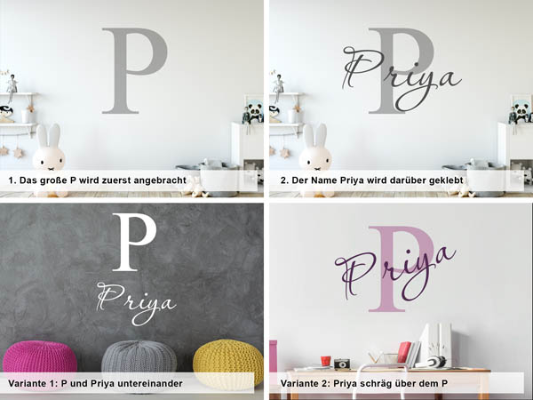 Verschiedene Anordnungen des Wandtattoos Priya