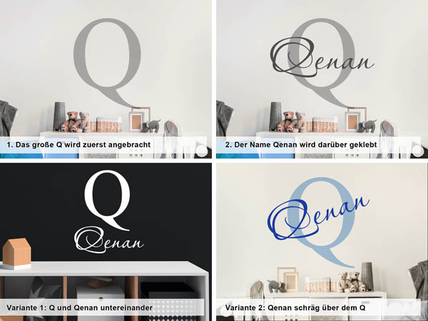 Verschiedene Anordnungen des Wandtattoos Qenan