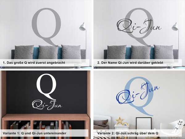 Verschiedene Anordnungen des Wandtattoos Qi-Jun