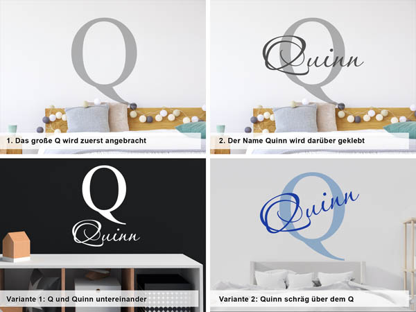 Verschiedene Anordnungen des Wandtattoos Quinn