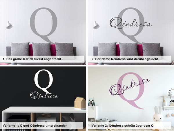 Verschiedene Anordnungen des Wandtattoos Qéndresa