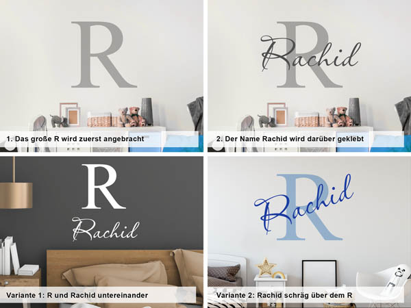Verschiedene Anordnungen des Wandtattoos Rachid