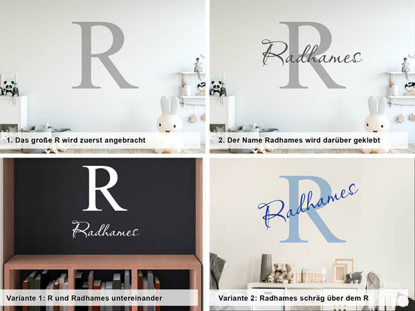 Verschiedene Anordnungen des Wandtattoos Radhames