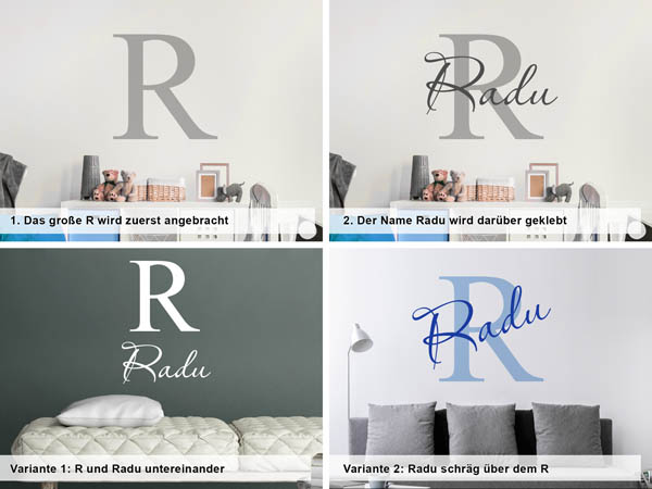 Verschiedene Anordnungen des Wandtattoos Radu