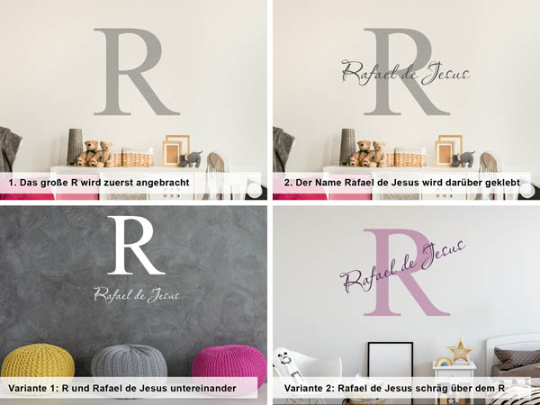 Verschiedene Anordnungen des Wandtattoos Rafael de Jesus