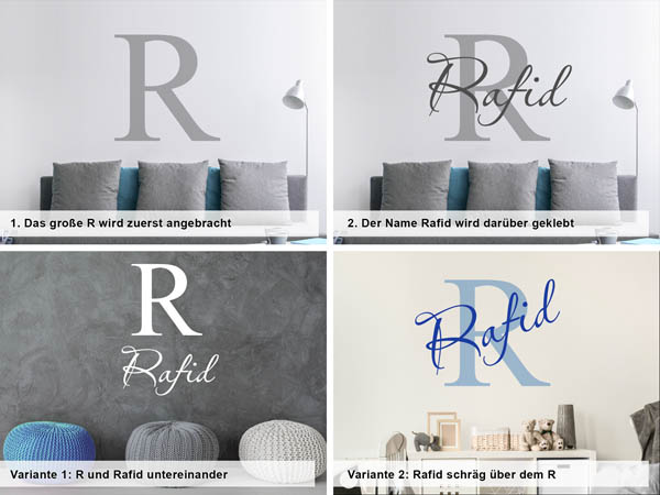 Verschiedene Anordnungen des Wandtattoos Rafid