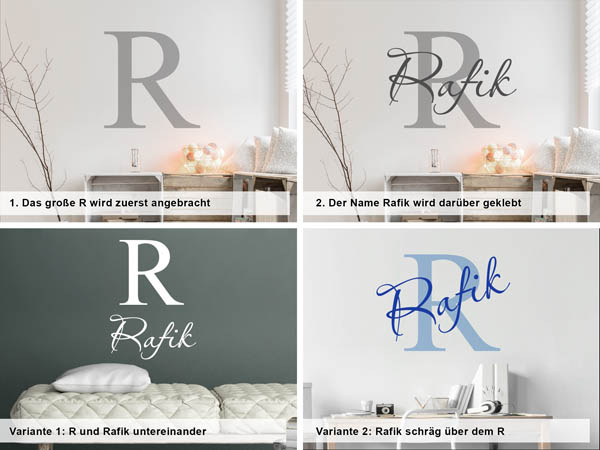 Verschiedene Anordnungen des Wandtattoos Rafik